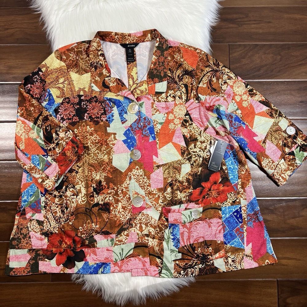 Ali Miles Women's Size 3X Abstract Pattern 3/4 Sleeve Button‎ Front Top Shirt